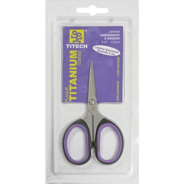 TITECH Ciseaux à Broder, Fini Titane, 41⁄2′′ (11,4 cm), avec Poignées de Prise Profil Confort Noires et Violettes, Présentés dans un Emballage en Plastique Transparent avec Carte de Support Violette Mettant en Valeur des Lames Non Corrosives et Garantie à Vie, Convenant à des Tâches Précises de Couture et de Découpe de Broderie.