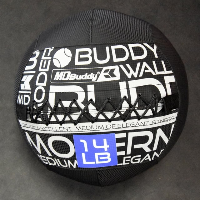 MD Buddy Wall Ball 14lbs with a durable black vinyl shell, white printed branding, and reinforced stitching, designed for strength and conditioning workouts with a textured grip surface.
