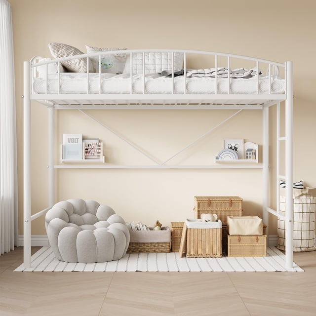 Yiwa Metal Loft Bed, Twin Size with Ladder, Arched Guardrail, Sturdy Steel Slats Support