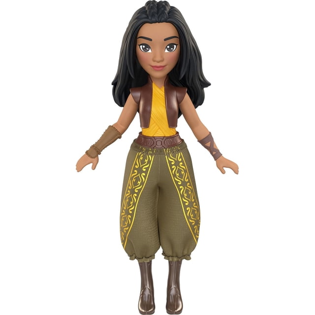 Princesse Disney Raya Petite Poupée à Articulations Mobiles, Orientée vers l'Avant, Portant un Haut Cache-Cœur Jaune, Gilet Sans Manches Brun, Pantalon Vert olive avec Motifs Décoratifs Jaunes, Ceinture Brune, Poignets de Bras et Bottes Brunes, Idéale pour Jouer et Exposer.