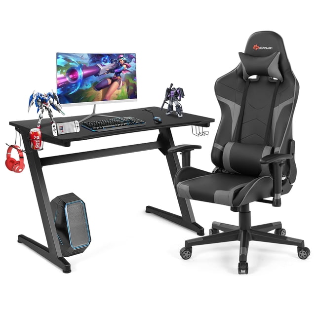 Goplus Z-Shaped Racing Style Desk & Massage Gaming Chair Set for Home Office