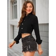 thumbnail image 2 of INSPIRE CHIC Women's Frayed Hem Button up Long Sleeve Washed Cropped Denim Jacket, 2 of 6