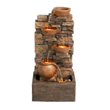 Teamson Home Outdoor 28.5” 4 Tier Cascading Bowl Stacked Stone Fountain Yard Décor Brown