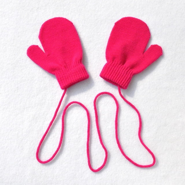 Pink Gloves Mittens Children Winter Warm Solid Knitted Cute with String Gloves