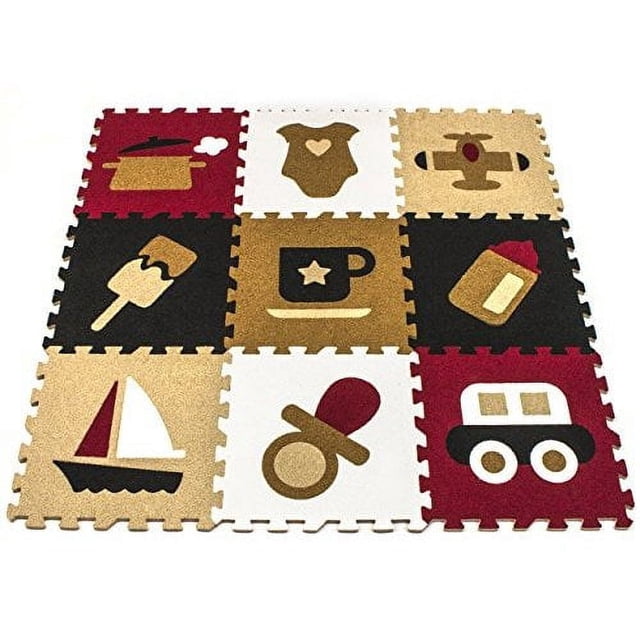 Matney Kids Interlocking Puzzle Carpet Mat, Includes 9 Interlocking Tile Pieces. This multicolour foam playmat features nine large, cushioned tiles with playful designs such as a pacifier, sailboat, and airplane. The interlocking tiles are designed for toddlers to develop motor skills and sensory growth while providing a safe, padded play area. Ideal for playrooms, nurseries, or daycare settings, the tiles are easy to assemble and rearrange for creative play or storage.
