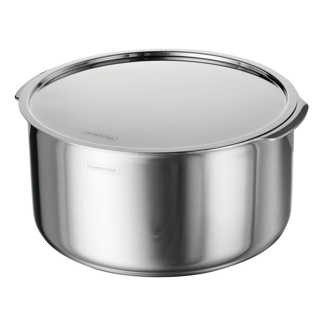 Tramontina Utsava Tri-Ply Clad Stainless Steel Covered Tope Patila with polished mirror-finish stainless steel body and flat lid with side handles, compatible with all cooktops including induction and oven safe to 500°F, ideal for warming milk, brewing spiced teas, or simmering broths.