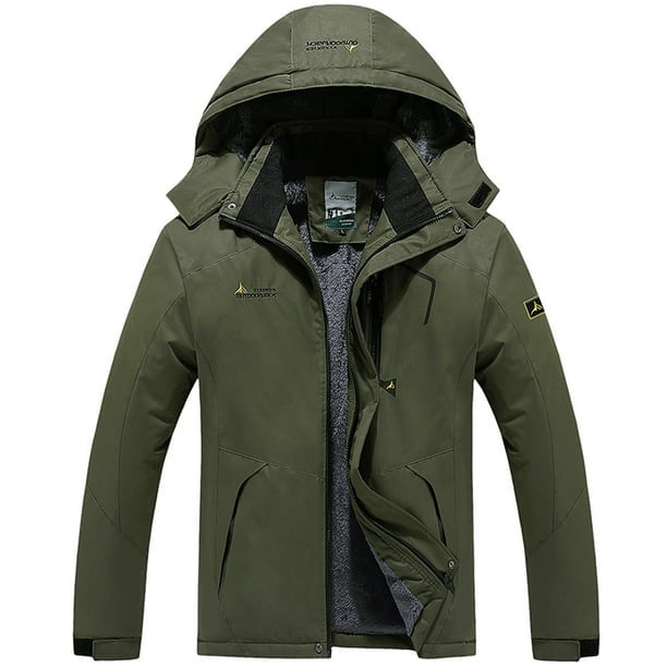 A green ski jacket with a hood, front zipper, and fleece lining for warmth. Designed for skiing or snowboarding, it features multiple pockets and adjustable cuffs for outdoor winter activities.