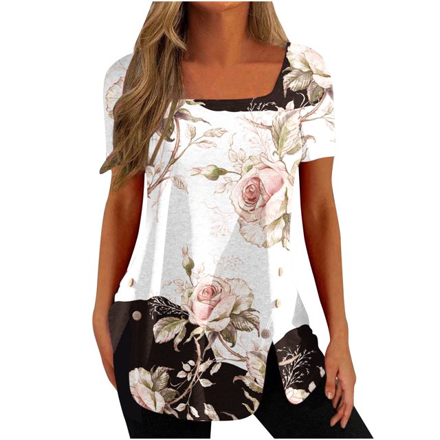 Pompotops Mode Femmes Casual Imprimé Col Carré Manches Courtes Tops Chemisiers Amples