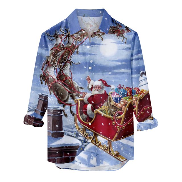 Pompotops Chemise à Manches Longues pour Hommes avec Boutons, Imprimé Père Noël, Col Rabattu, en Solde