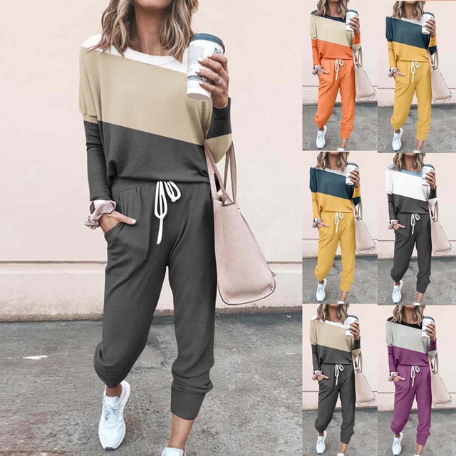 Wiyuqeen Survêtements 2 Pcs pour Femmes à Blocs de Couleur, Décontractés, Col Ras du Cou, Manches Longues, Hauts, Pantalons de Survêtement Longs à Cordon, Ensembles de Détente avec Poches