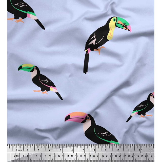 Soimoi Blue polyester Crepe Fabric Toucan Bird Fabric Prints By Yard 42 Inch Wide