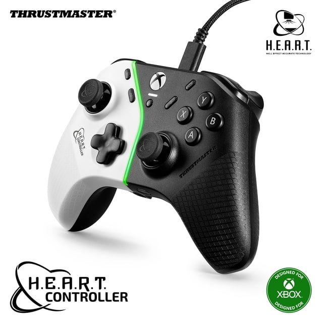 Thrustmaster H.E.A.R.T. (HallEffect AccuRate Technology) Controller (Xbox) wired gamepad with split black and white textured ergonomic grips, two Hall effect mini-sticks for precise input, ABXY buttons, D-pad, Xbox button, customizable function buttons, and a central green LED strip, compatible with Xbox Series X|S and Windows 10/11, also suitable for remapping controls via included software.