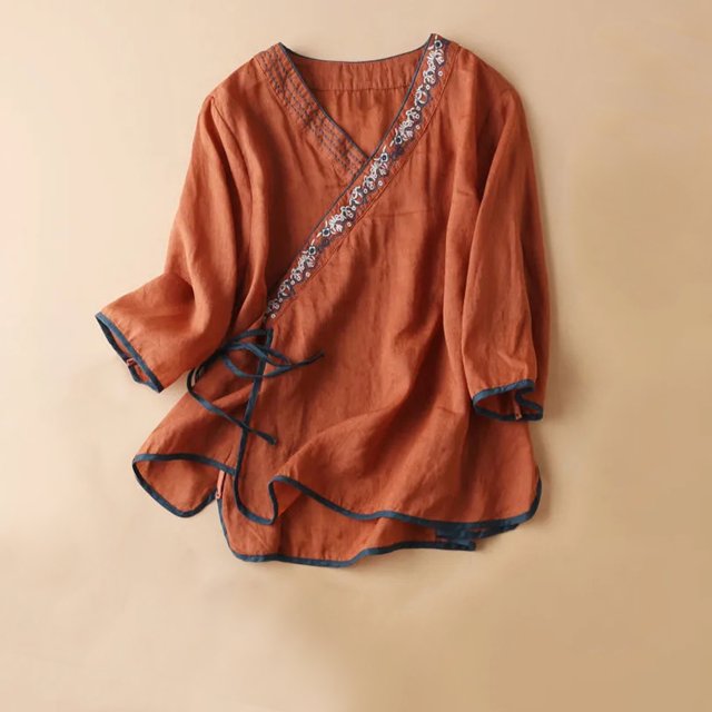 Blouses pour Femmes, Haut à Manches Courtes en Coton et Lin Style Renaissance avec Broderie pour Femmes, Haut à Manches Courtes à Col en V