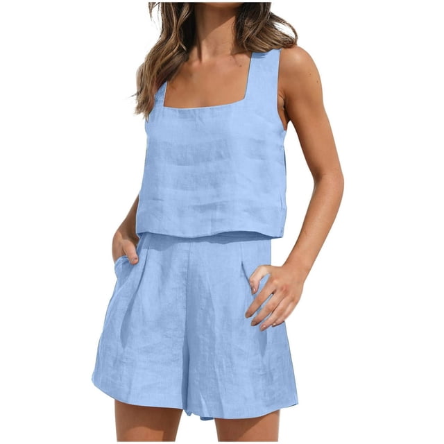 Womens 2 Piece Outfits Linen Square Neck Crop Tops Short Set 2023 Lounge Matching Sets Trendy Clothes Beach Summer