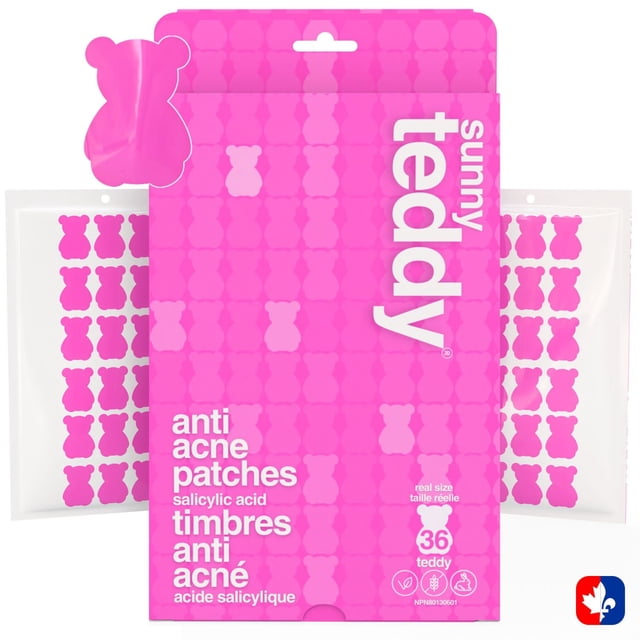 Sunny Teddy Patchs pour Boutons d'Oursons Roses Contenant 36 Patchs Hydrocolloïdes pour Acné Infusés d'Acide Salicylique, en Forme d'Oursons Roses, dans un Emballage Rose Vif avec Texte Bilingue, Conçus pour le Traitement de l'Acné et des Soins Doux de la Peau.