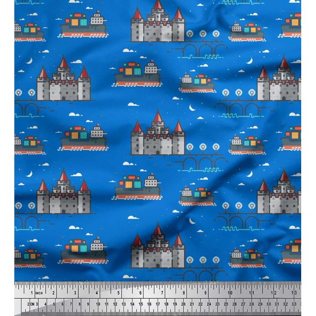 Soimoi Cotton Voile Fabric Ship,Castel & Bridge Architectural Fabric Prints By Yard 56 Inch Wide
