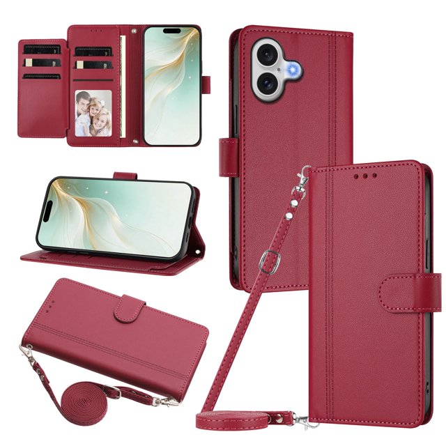 iPhone 17 Leather Wallet Case, Book Style Cover with Tab Closure, Red