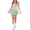 thumbnail image 2 of SUNSIOM Women Summer Short Dress, Solid Color Ruched Bust Boat Neck Off Shoulder Puff Sleeve A-Line One Piece for Ladies, 2 of 9