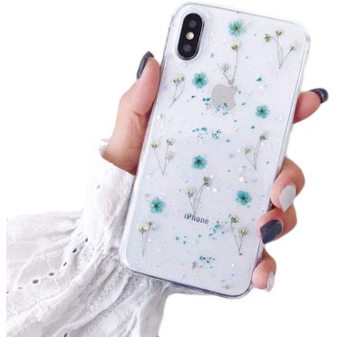 Compatible avec iPhone XS Max Étui à Fleurs, Feibili Souple Transparent Flexible en Caoutchouc Pressé à Sec Vraies Fleurs Étui Filles Paillettes Floral Housse Transparente Étui avec Fleurs pour iPhone XS Max