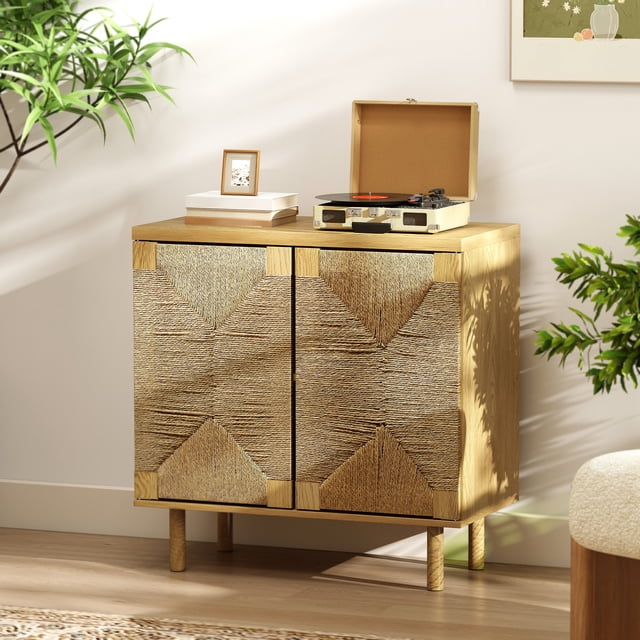 HOMCOM Buffet Cabinet with Handwoven Rope Doors, Sideboard Cabinet, Oak. A compact sideboard with handwoven paper rope doors in a bohemian style, featuring a warm oak finish and elevated pine wood legs. Includes adjustable shelves for customizable storage and an anti-tipping kit for safety. Ideal for use as a kitchen storage cabinet, buffet table, or entryway accent piece.