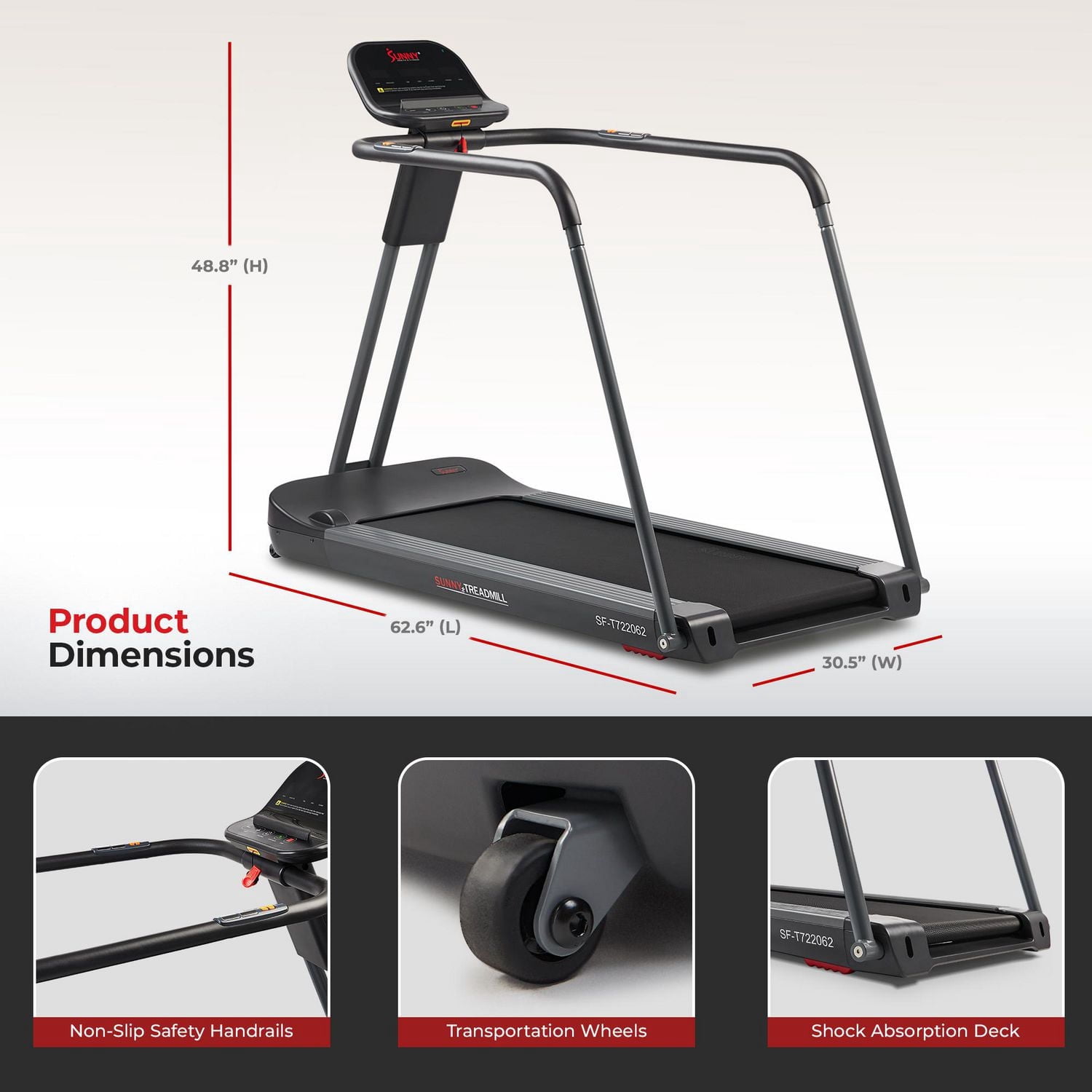 Sunny Health & Fitness Endurance Cardio Running Walking Treadmill avec des rampes de sécurité prolongées, faible impact, plateau large et bas, sûr pour la récupération et connectivité Bluetooth amélio