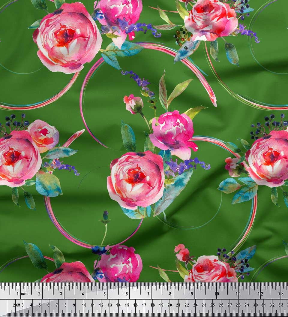 Soimoi Green Cotton Voile Fabric Leaves & Ranunculus Floral Printed Craft Fabric by the Yard 42 Inch Wide