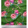 thumbnail image 1 of Soimoi Green Japan Crepe Satin Fabric Leaves & Ranunculus Floral Print Fabric by the Yard 42 Inch Wide, 1 of 3
