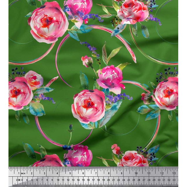 Soimoi Green Japan Crepe Satin Fabric Leaves & Ranunculus Floral Print Fabric by the Yard 42 Inch Wide