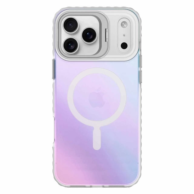 Nimbus9 Stratus 2 MagSafe Case Frost for iPhone 17 Pro Max shown from the back with a translucent frosted finish featuring a purple to blue gradient. The case includes a MagSafe alignment ring, precise cutouts for the triple rear cameras, textured RIDGEGRIP™ sides for a secure grip, and an integrated kickstand for hands-free viewing.