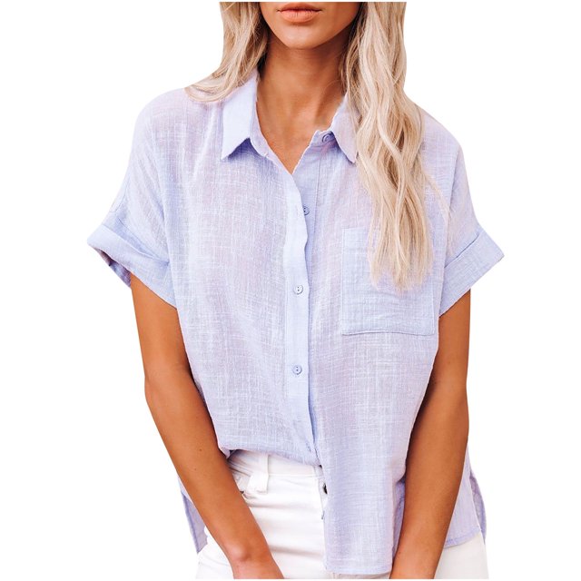 Babysbule Womens Tops Clearance Ladies Solid Color Cotton And Linen Shirt Short Sleeve Lapel Button Top