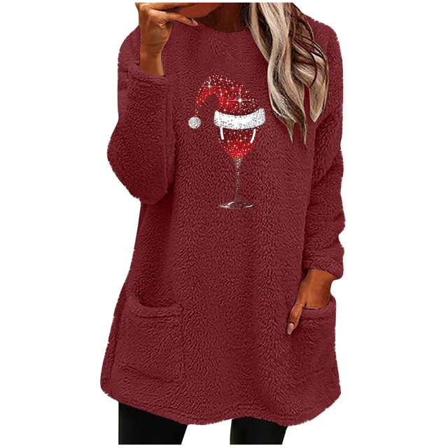 Pisexur Fuzzy Chandails de Noël pour Femmes Doublés en Molleton à Manches Longues à Col Rond Chandail d'Hiver Chaud Imprimé Verres de Vin Rouge Chandail de Noël à Enfiler Hauts avec Poches