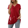 thumbnail image 4 of Pompotops T-Shirt à Manches Courtes Imprimé Col en V Plissé Décontracté d'Été pour Femmes, 4 of 9
