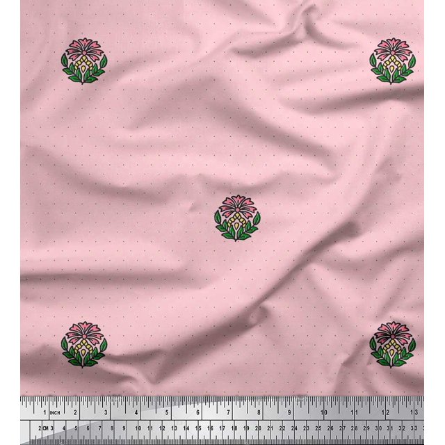 Soimoi Polyester Crepe Fabric Dot,Leaves & Floral Block Printed Fabric 1 Yard 52 Inch Wide