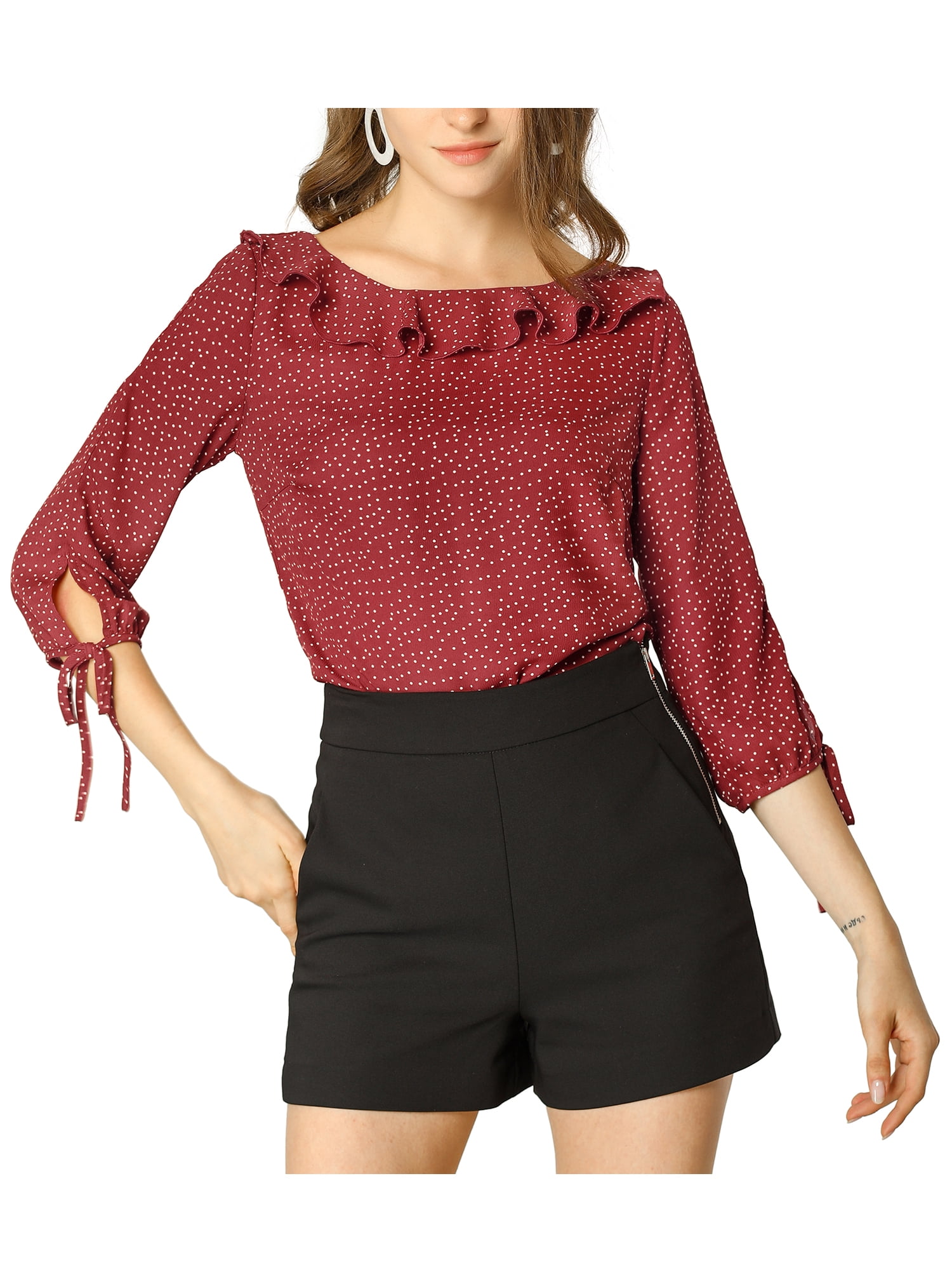 INSPIRE CHIC Blouse à Pois d'Été Transparente pour Femme à Col Volanté, Manches Mi-Longues