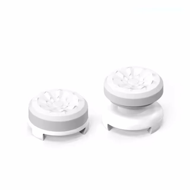 Game Control Caps for PS5, PS4, Playstation, Xbox Series, Xbox One, Xbox 360 controllers. The image shows two white caps with textured surfaces designed to enhance grip and precision during gaming. Suitable for DualSense, DualShock, and other compatible controllers.