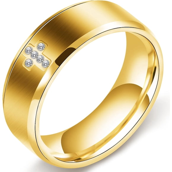 Men’s Wedding Band Ring 8mm Stainless Steel Engagement Promise Ring for Men Cross Classic Ring with Cubic Zirconia-7-gold