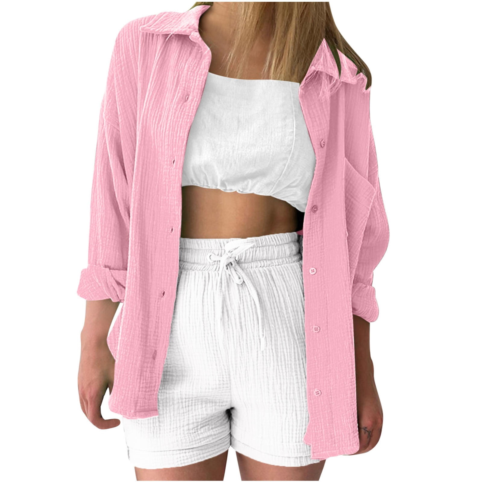 Timegard Tops for Women Lapel Neck Long Sleeve Button up Shirts Solid Color Fall Casual Loose Blouse