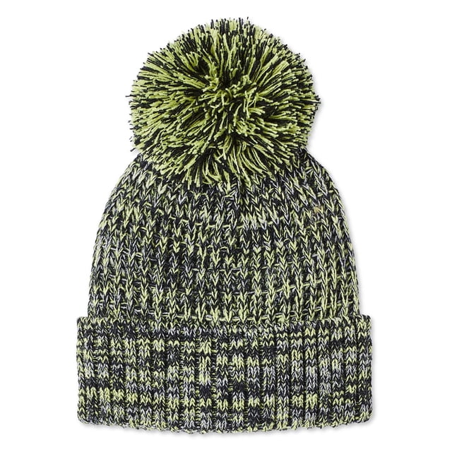 George Boys' Pompom Beanie in knit fabric with black and yellow mixed pattern, featuring a turned cuff and pompom on top, designed as a warm winter accessory for boys, shown flat on white background.