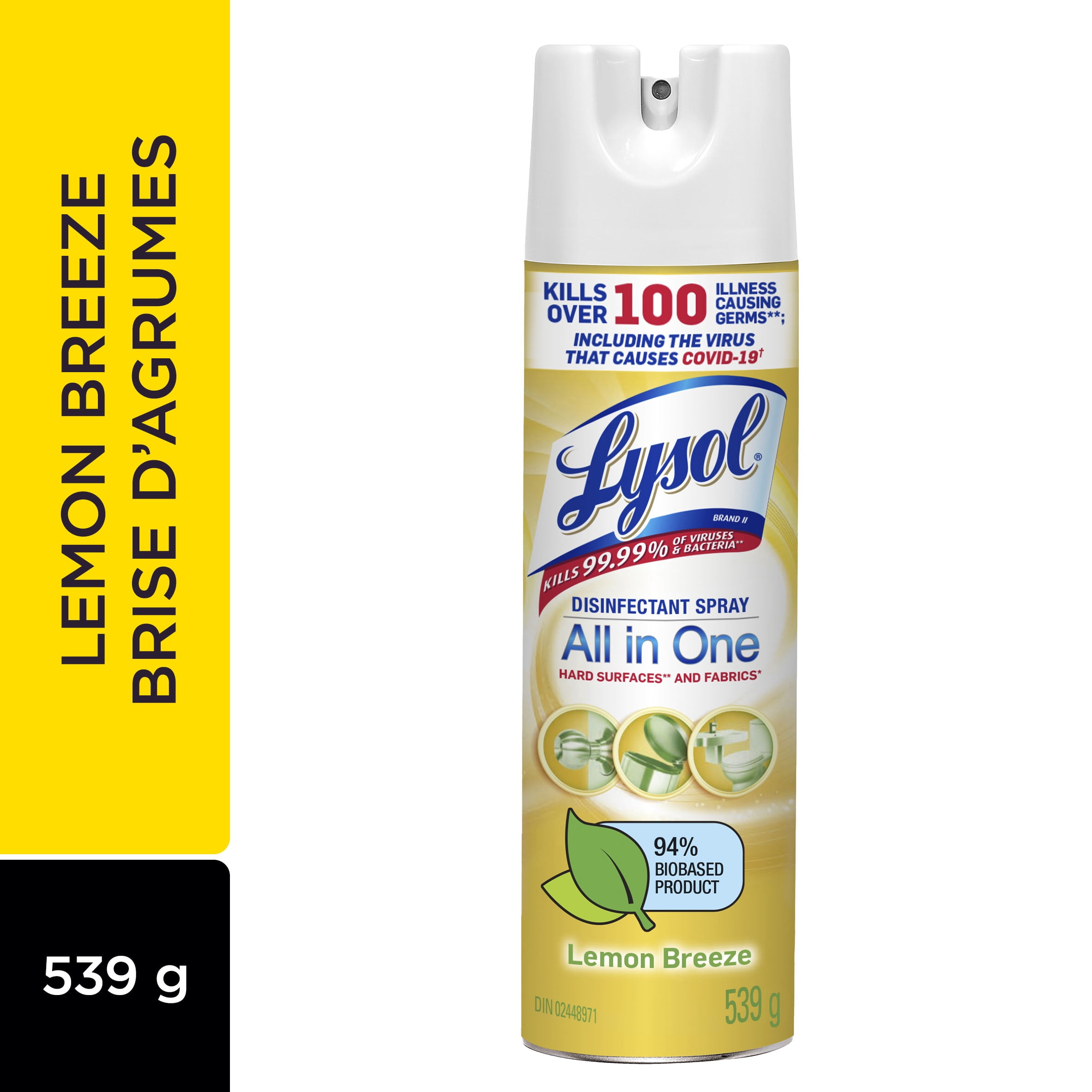 Spray Désinfectant Lysol, Brise De Citron, Désinfecte et élimine les odeurs sur les surfaces dures et les tissus, 539 g