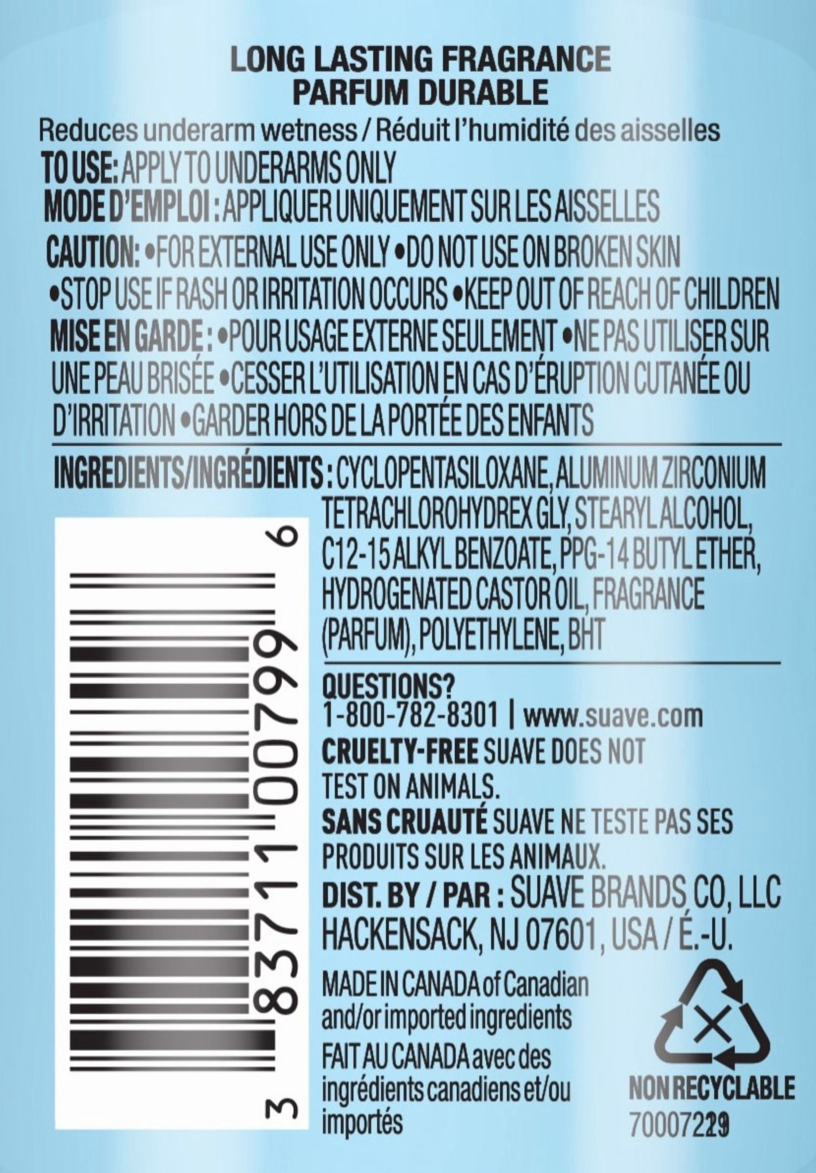 Déodorant antisudorifique pour femmes Suave, Invisible, bâton de déodorant pour les aisselles, protection contre les odeurs et l’humidité 48 heures, fragrance beurre de cacao et karité, 74g