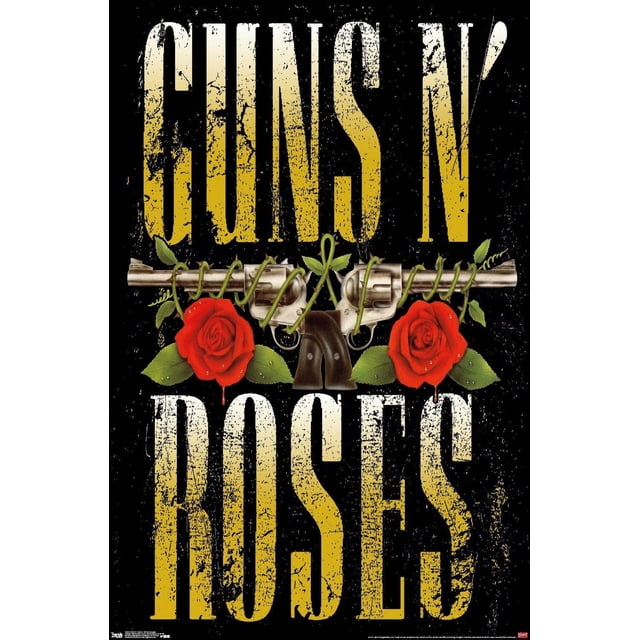 Guns N' Roses - Stacked Logo Wall Poster, 22.375" x 34" with two silver revolvers crossed horizontally, wrapped in green rose vines and leaves, flanked by red roses. Distressed yellow 'GUNS N' ROSES' text is stacked on a black background, printed on glossy paper, suitable for music-themed wall décor.