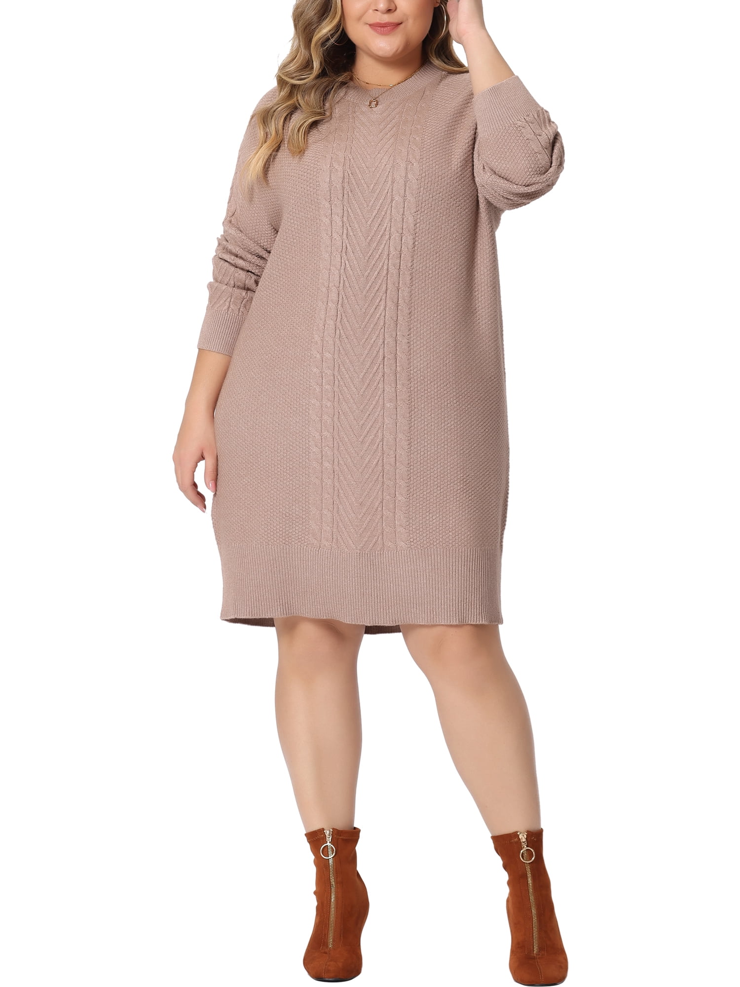 GRACE & GRANDEUR Robe Chandail Grande Taille pour Femmes à Manches Longues en Tricot, Chandail Court, Robes Chandail Armée 3X Kaki