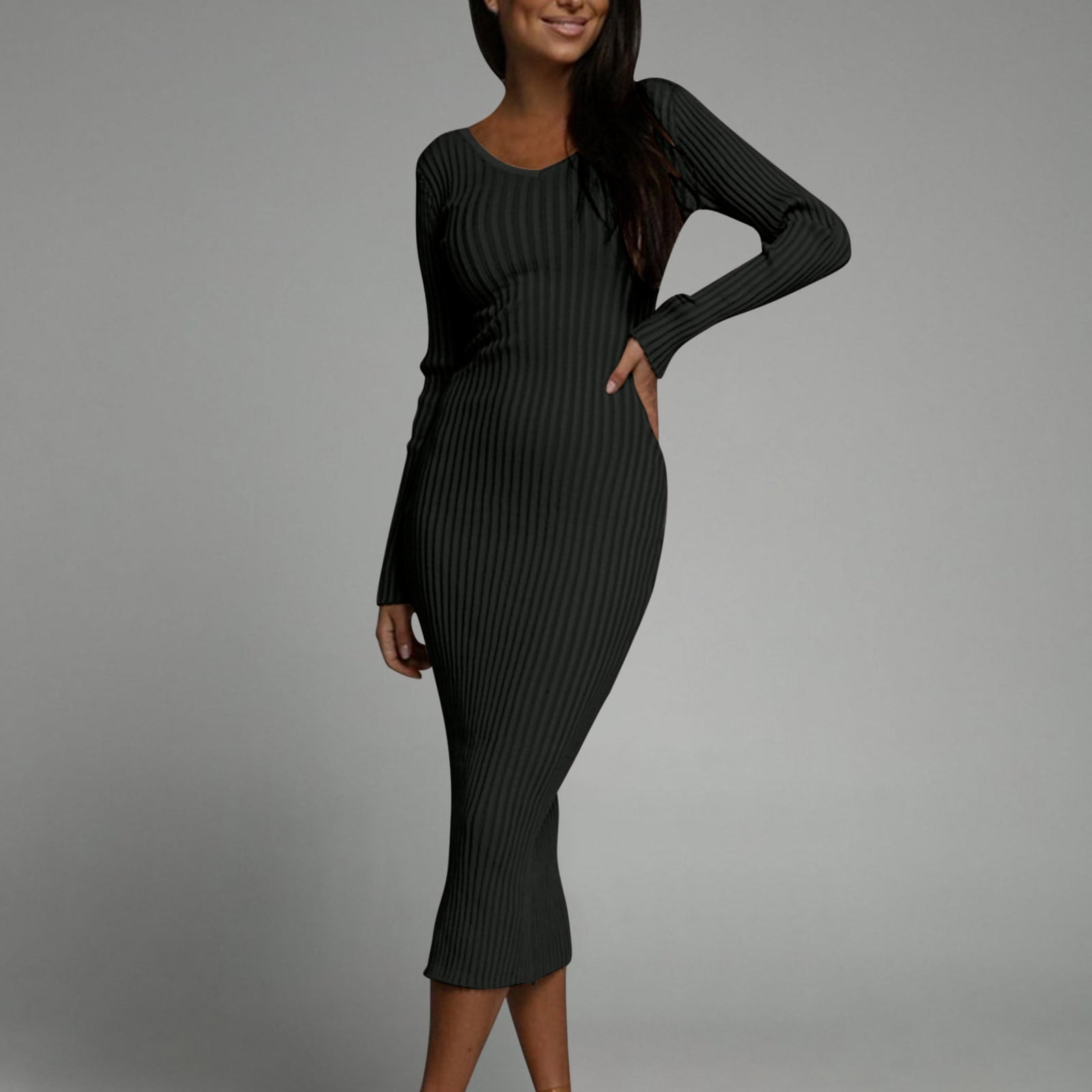work dresses for curvy ladies Gspmoly Plus Size Women, Women'S Fall and Winter New V-Neck Solid Color Knitted Long Skirt Dress Dresses for Women up to 70% Off XMASOFFER25