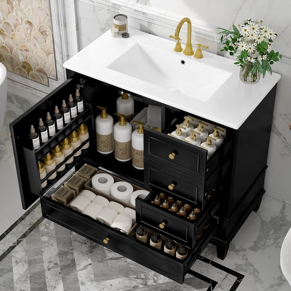 36" Bathroom Vanity with Ceramic Sink, Solid Wood Frame & Legs, 3 Drawers + Single-Door Cabinet, Soft-Close Hinges, Built-in Door Shelves, Black