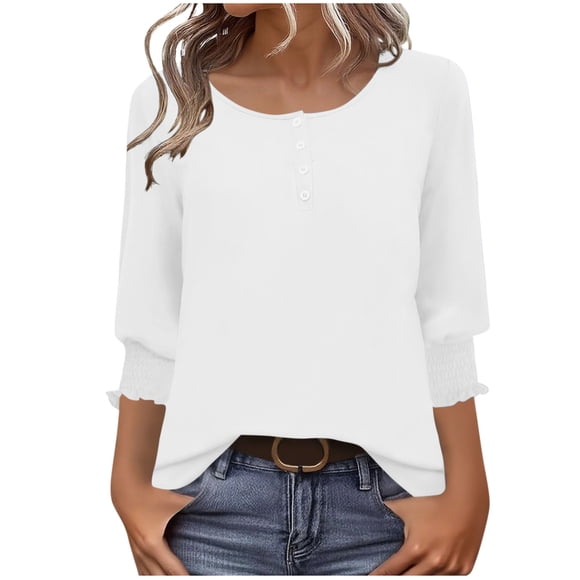 SROBPTY Womens 3/4 Sleeve Shirts, Ladies' Fashionable Solid-colored Button-down T-shirt with 3/4 Length Sleeves Round Neck Top/shirt White, XL