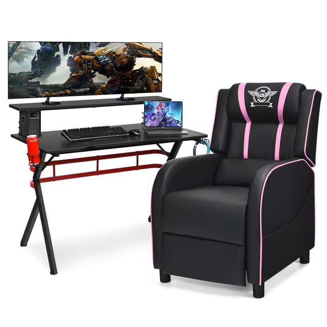 Costway Gaming Desk & Chair Set 48" Computer Desk & Massage Recliner Chair Black + Pink
