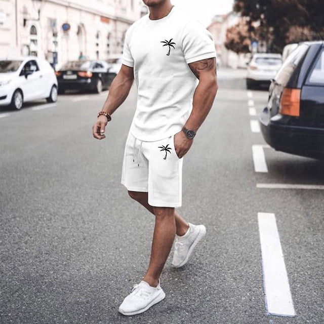 Men's Suits Groomed Summer Tracksuit for Men|Plus Size Short Sleeve O Neck Athletic Set| Casual Color Block Waist Tracksuit