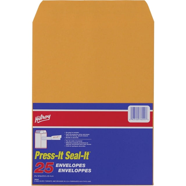 Hilroy Kraft Envelopes 9 x 12 inches, pack of 25, made of durable brown kraft paper with a gummed flap featuring Press-It Seal-It adhesive for secure closure without moistening, ideal for office supplies and mailing needs.