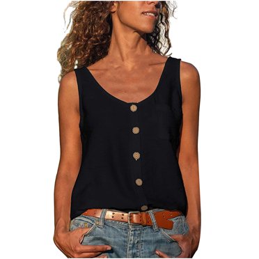 Fridja Womens Solid Color V-neck Button Vest Casual Loose Sleeveless Pocket Blouses