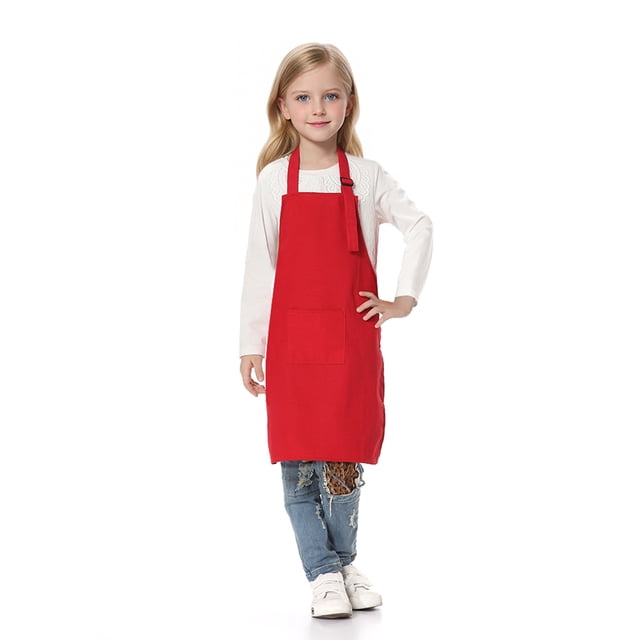 TOPTIE Kids Aprons with Pocket & Adjustable Strap, Child Chef Bib Apron for Kitchen Cooking Baking Painting-Red-M